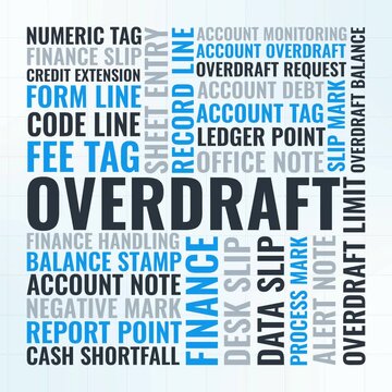 Overdraft Word Cloud Design for Account Overdraft, Finance, Overdraft Limit, Account Debt. Overdraft Blue Minimalist Typography