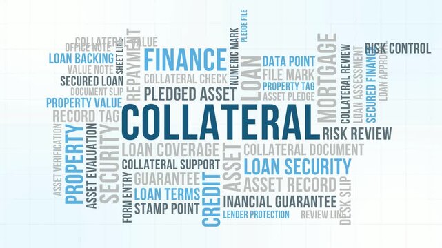Collateral Word Cloud Design for Loan Security, Loan Terms, Property Value, Loan Backing, Asset Pledge. Collateral Mortgage Protection Style