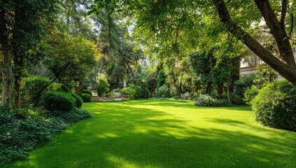 Lush green manicured lawn and trees create a serene, sun-dappled park-like setting