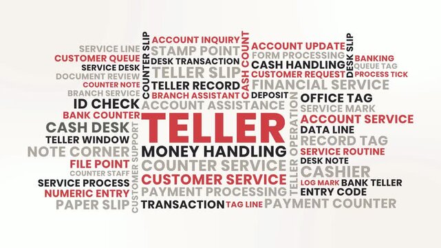 Teller Word Cloud Design for Money Handling, Account Service, Customer Service, Desk Transaction, Teller Operations. Teller Banking Service Style