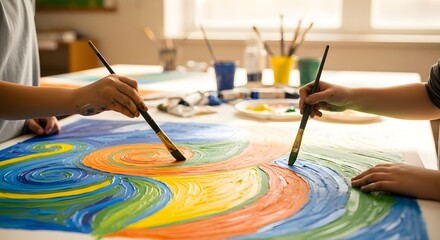 Obraz premium Children painting colorful artwork together in classroom