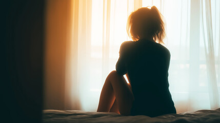 Fototapeta premium Woman silhouette sitting on bed looking out window with morning light, feeling solitude and contemplation