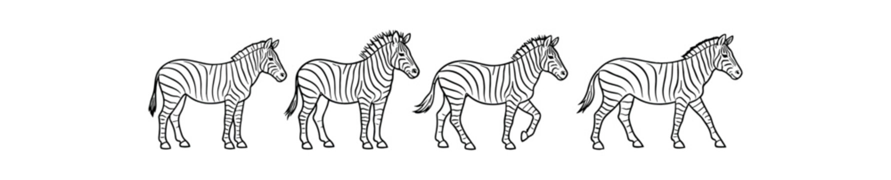 Simple black outline zebras in walking poses arranged in a row for wildlife graphics and backgrounds.