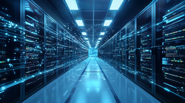 Futuristic server room bathed in cool blue light. Rows of racks stretch into a bright, silent corridor. LEDs pulse softly across the digital infrastructure. Clean, modern design emphasizes efficiency