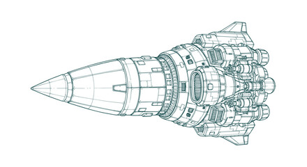 Detailed Technical Line Drawing of a Futuristic Sci-Fi Spaceship Rocket Engine for Concept Art View © Salma