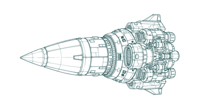 Detailed Technical Line Drawing of a Futuristic Sci-Fi Spaceship Rocket Engine for Concept Art View