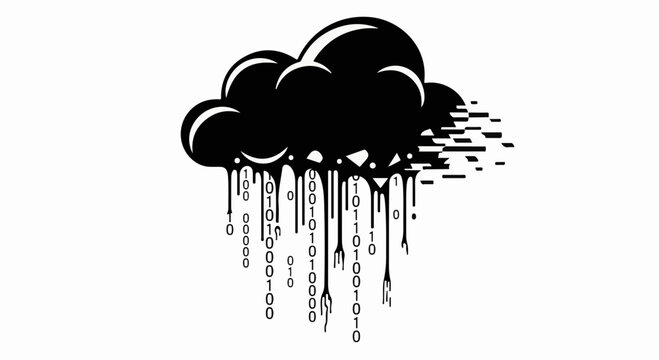 Dark cloud raining binary code with digital glitch effect