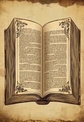 Fototapeta premium An open antique book with ornate decorative flourishes in the corners, filled with dense serif text, set against a parchment-like background
