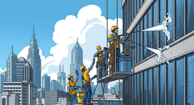 Window washers cleaning skyscraper glass facade. Workers on suspended scaffold using high pressure water spray. Urban city maintenance illustration