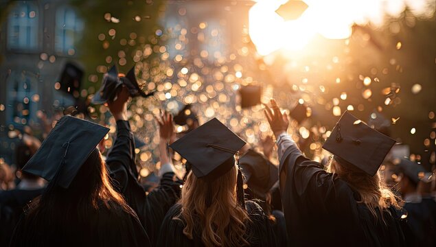 Grads toss caps in air celebrating as confetti falls at sunset