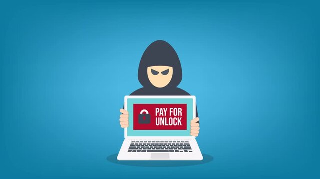 Ransomware Cyber Attack Animation &ndash; Hacker Demanding Payment to Unlock Laptop Screen, Malware Cybercrime, Data Encryption Extortion, Cybersecurity Threat Concept Animation