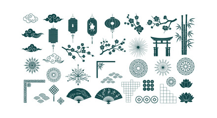Decorative Asian Ornament Set with Chinese Lanterns, Sakura Branches, Clouds, Bamboo and Torii Gate © Salma