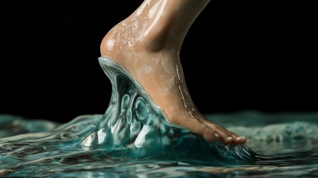 A model female hand standing on the water, A woman's foot partially submerged in water against a serene blue