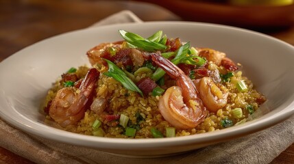 Fototapeta premium Delicious Shrimp Dish with Fried Rice, Green Onions, and Crispy Bacon Garnish, Perfect for Culinary Enthusiasts and Food Photography Lovers