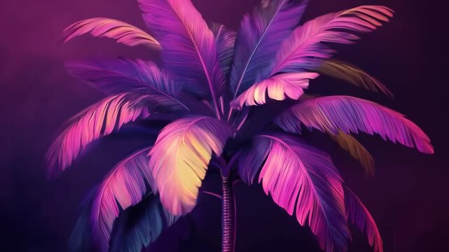 Stylized palm tree with glowing pink and violet leaves, Artistic palm tree featuring luminous pink and violet leaves