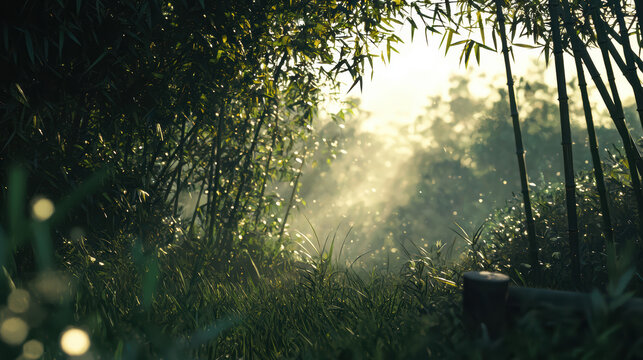 Sunlight streams through a dense bamboo forest, creating a serene and peaceful atmosphere as dust motes dance in the air, highlighting the lush greenery.