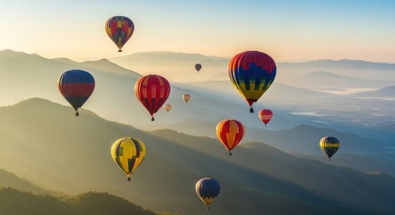 Obraz premium Colorful hot air balloons soaring above misty mountain landscape during sunrise