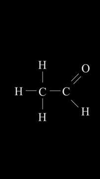 Animation of the chemical formula for acetaldehyde appearing and disappearing, seamless loop for social media on black background