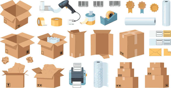 Packaging and shipping supplies vector set with cardboard boxes, barcode scanner, packing tape, bubble wrap, labels, envelopes, and logistics delivery materials