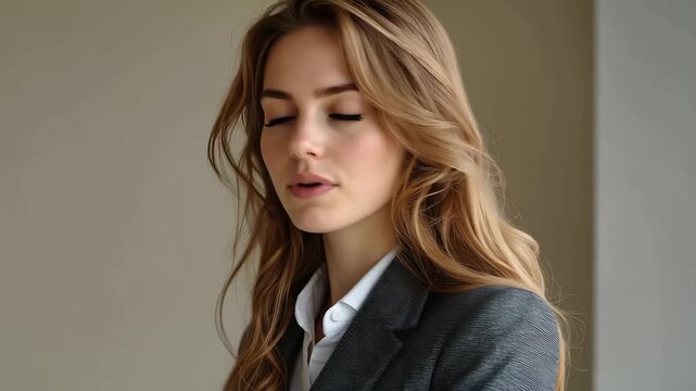 Young serious business woman in a modern office environment during the daytime, focused on her professional duties and ready to tackle challenging tasks ahead