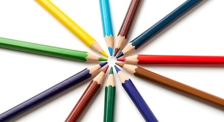 Colorful pencils arranged in a circle on white background, symbolizing creativity and diversity in education and art
