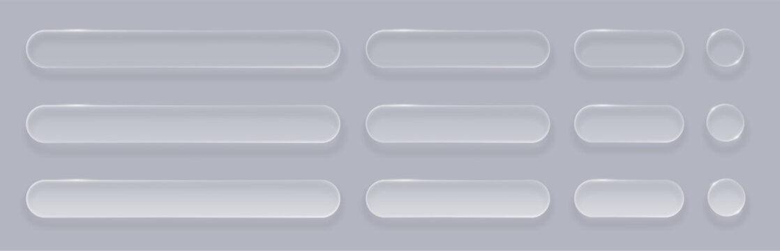 Set of transparent glass buttons and banners. Vector realistic glassmorphism UI kit with glossy rounded rectangles and circles on grey background for web design and app interface.