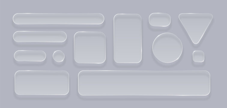 Transparent glass UI elements vector set on grey background, realistic glossy buttons panels frames, glassmorphism collection