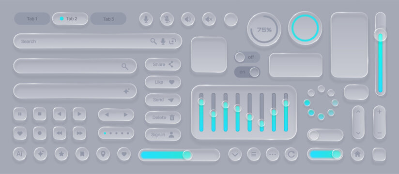 Set of transparent glass UI Elements Set. Vector realistic glassmorphism UI kit with glossy Interface Buttons Sliders Panels and Controls. Modern Glassmorphic Design for web design and app interface.