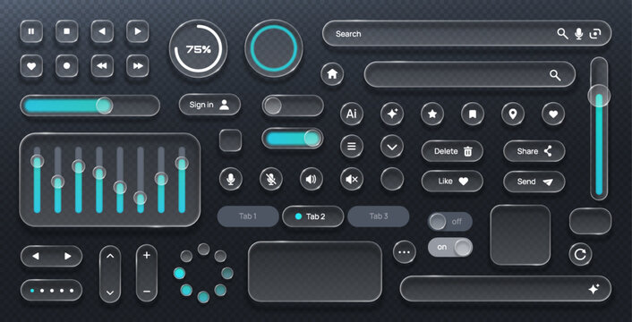Glassmorphism UI Kit with Transparent Buttons Sliders Panels Toggles Search Bars and Media Controls Modern Glassmorphic Interface Vector Set for web design and app interface.