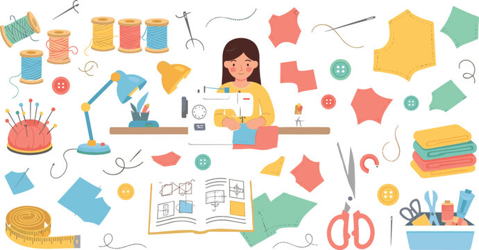 Sewing and fashion design workspace vector set with tailor sewing machine, fabric pieces, threads, scissors, buttons, and clothing pattern tools