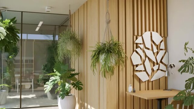 Plants indoor hanging with macrame in modern office and wooden wall background, creating a green atmosphere