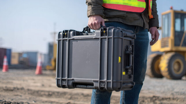 A construction worker in safety vest carries a protective hard case at an outdoor site with heavy equipment in the background on a bright day.