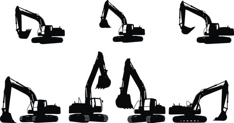 Excavator silhouette collection showing construction digger machines in different working poses isolated on white background heavy equipment vector set © MDJUWEL