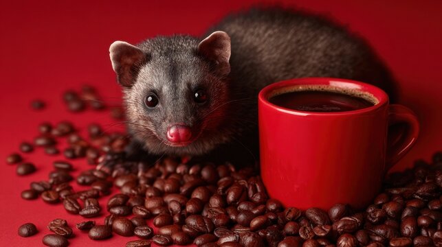 Asian palm civet with coffee beans and red cup of hot coffee on vibrant red background concept of kopi luwak coffee production