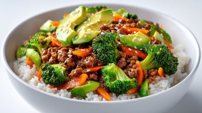 Healthy ground beef bowl with broccoli avocado and white rice