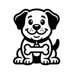Fototapeta premium Cute cartoon dog mascot holding a bone, black and white vector illustration.