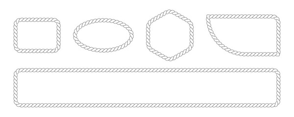 Set of 5 white rope frames vector with various shapes, including rectangle, oval, hexagon, and banner for nautical design elements © MDNURUL