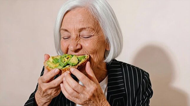 Anciana comiendo un pan con palta