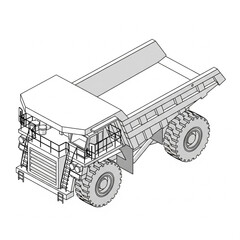 Isometric line art illustration of a large mining dump truck, a heavy-duty vehicle used in construction and mining operations. © Nubb