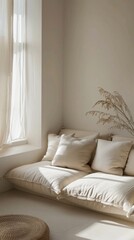 Fototapeta premium Elegant Beige and White Modern Interior with Soft Faux Fur Texture Furniture, Minimal Luxury Home Design, Cozy Neutral Living Space