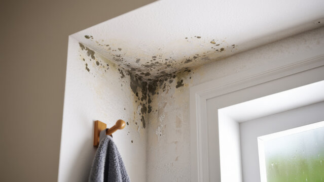 Mold and dampness on indoor wall surface, residential water damage, mildew growth in house corner, moisture problem in home environment, interior hygiene and maintenance issue