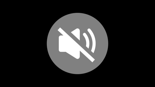 Volume and mute icon animation with speaker and sound waves toggling to a muted speaker with a slash on a black background. Represents turning audio on and off for mobile apps or websites.