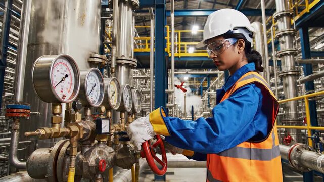 Industrial Professional Examining Pressure Levels In Metal Plant. Female Engineer Systematically Assessing Machinery And Safety Measures Within Industrial Facility Environment