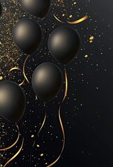 Fototapeta premium Black balloons with gold ribbons and sparkles on dark background