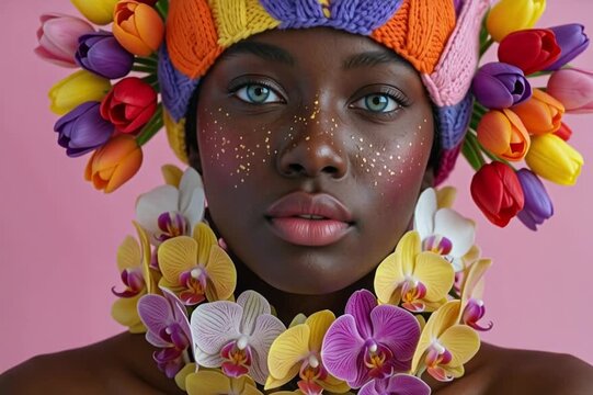 Belleza africana con rasgos únicos  con pecas y accesorios de flores naturales
