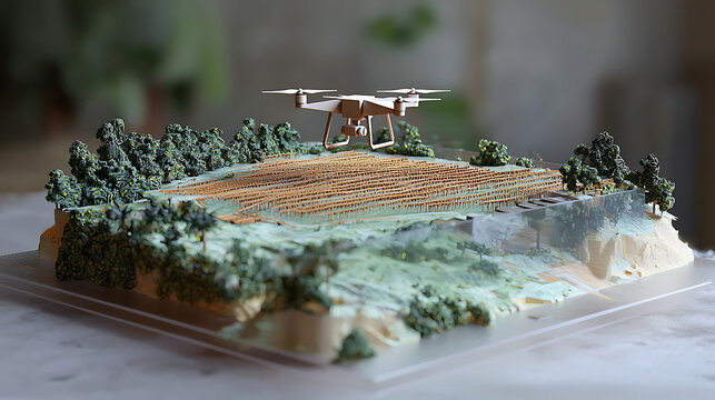 A drone hovers over a miniature landscape model with trees and a runway on a table indoors.