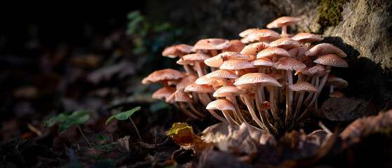 Fairy-tale like cluster of mushrooms in woodland shadows.