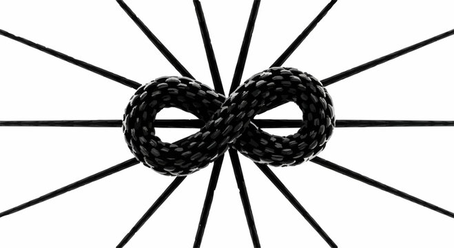 Abstract black infinity symbol formed by a textured snake pattern radiating lines