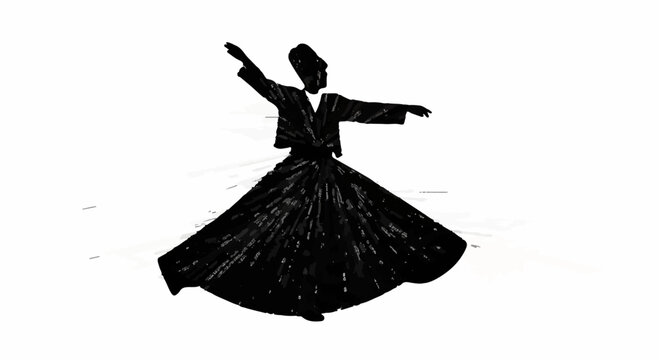 Silhouette of a whirling dervish in traditional clothing, spinning with graceful movement.