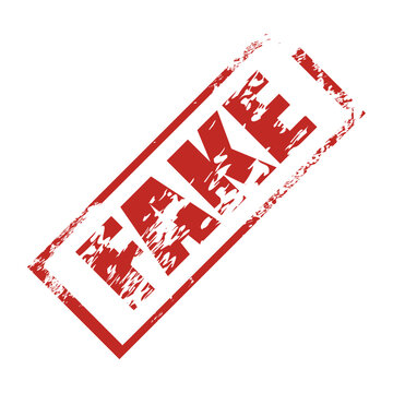Red Fake stamp isolated on transparent background. Realistic seal with grunge textured. Sticker, header, mark vector design element for fake news, forgery, falsification or scam symbol.